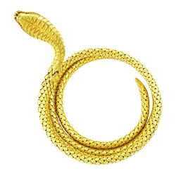 18ct gold coiled diamond snake bangle, the head set with round cut diamonds and emerald eyes, to an expanding articulated body, stamped Brevete S.G.D.G.