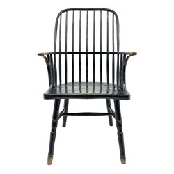 18th century West Country ash and elm Windsor armchair, high hoop and stick back, turned supports with H stretcher, green paint finish