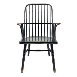 18th century West Country ash and elm Windsor armchair, high hoop and stick back, turned supports with H stretcher, green paint finish