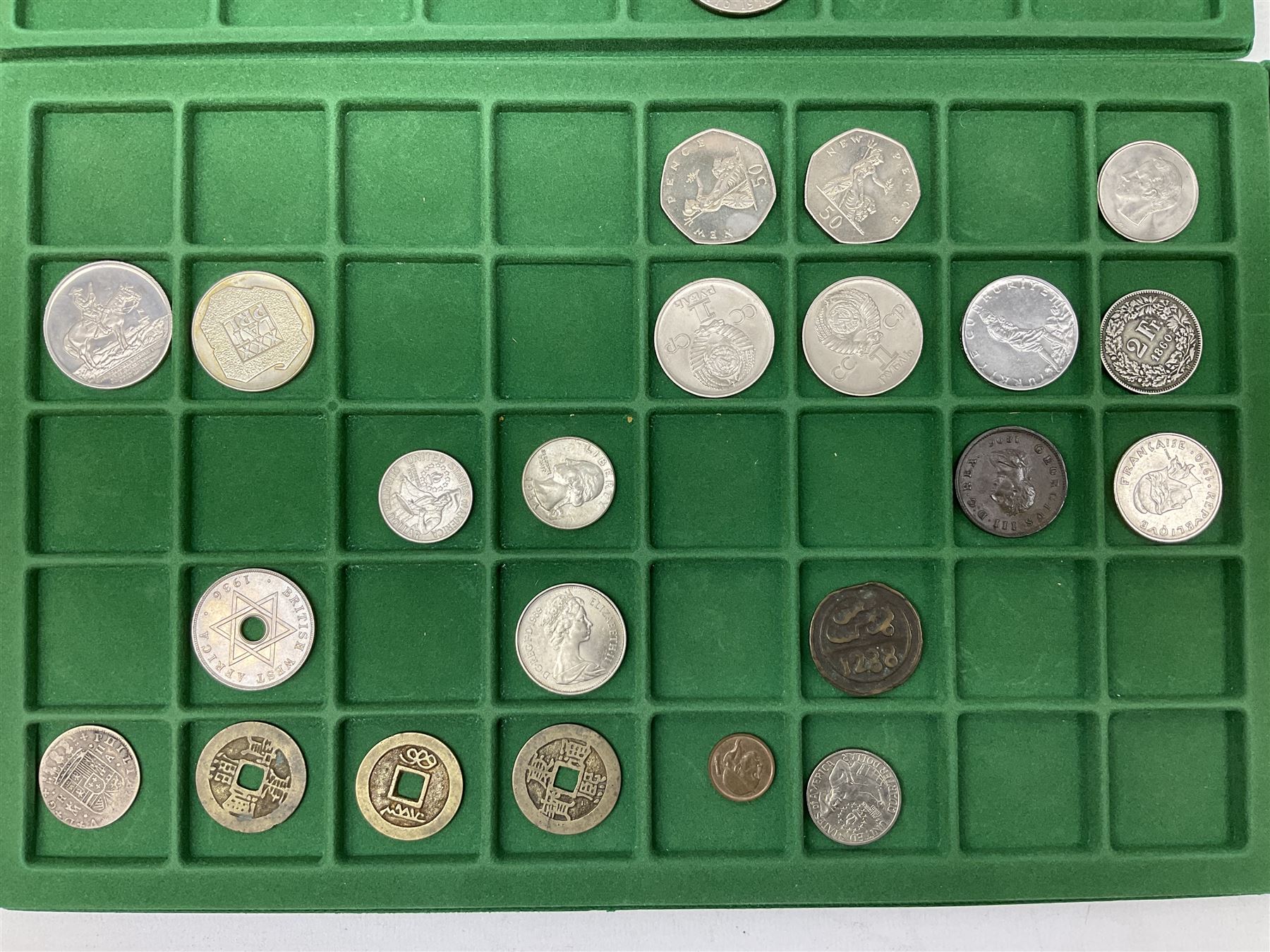 Coins and medallions including, York 1811 one shilling cattle and barber silver token, United States of America 1883O silver Morgan dollar, birds of destiny medal by Malcolm Appleby, Great British King George V 1930 halfcrown, King Edward VII 1902 silver medal, King George V 1916 halfcrown etc, housed in a case with lift out green coin trays