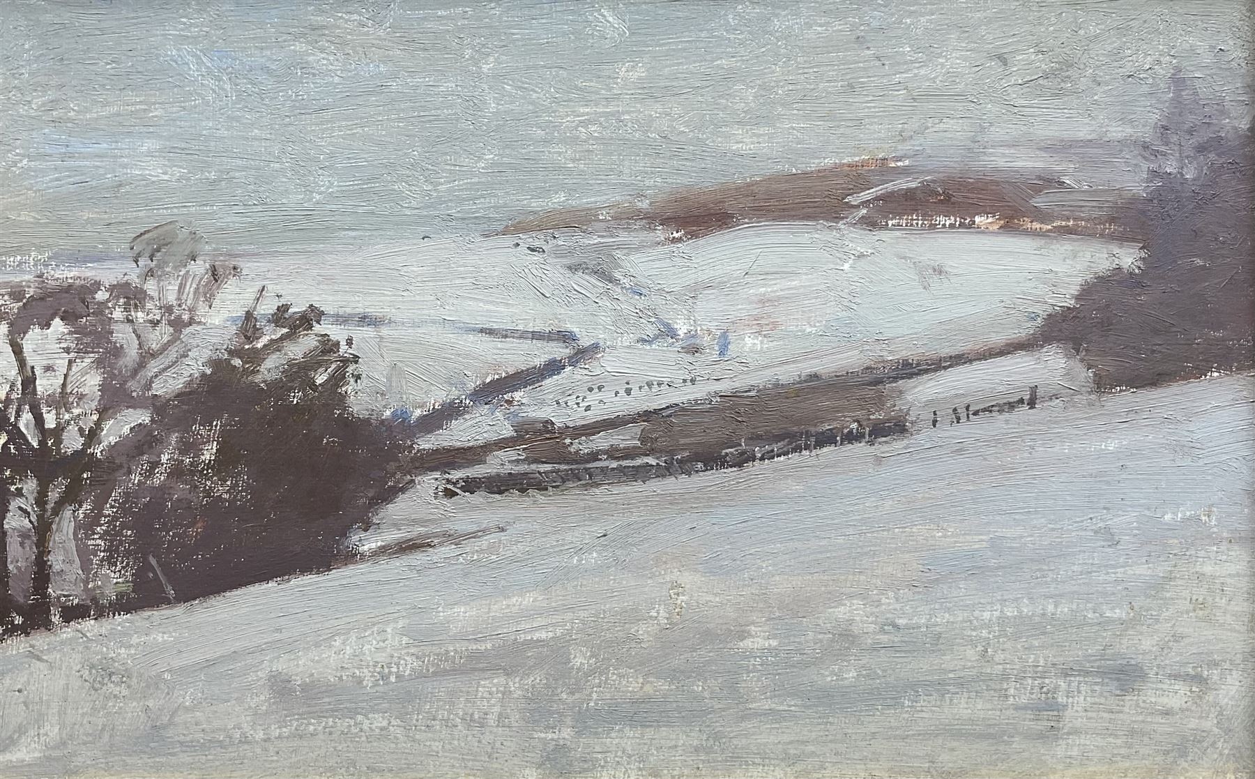 John Sergeant (British 1937-2010): Winter Landscape, oil on artist's board unsigned 19cm x 31cm
Provenance: from the artist's wife Carolyn's studio sale. Born in London, Sergeant moved to Faversham in Kent after his family was bombed out during World War II. He entered the Royal Academy Schools in 1959, where he won a Drawing Prize in 1961. After graduating, Sergeant taught part-time at art schools in Kent and worked on commissions including book jacket designs and a series of ‘room-portraits’ of interiors. He moved to Wales in 1983, and held the first of three exhibitions at the Maas Gallery in Mayfair in 1986. In 1989 the Prince of Wales (now King Charles III) asked Sergeant to contribute drawings to his book Visions of Britain; two years later Sergeant accompanied the Prince on an official visit to Prague, resulting in an exhibition. 