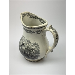 A 19th century Staffordshire pottery pearlware Crimea commemorative jug, black transfer printed with battle scenes, entitled Battle of Alma, Charge of the Highlanders, and Storming the Malakhofi, H18cm. 