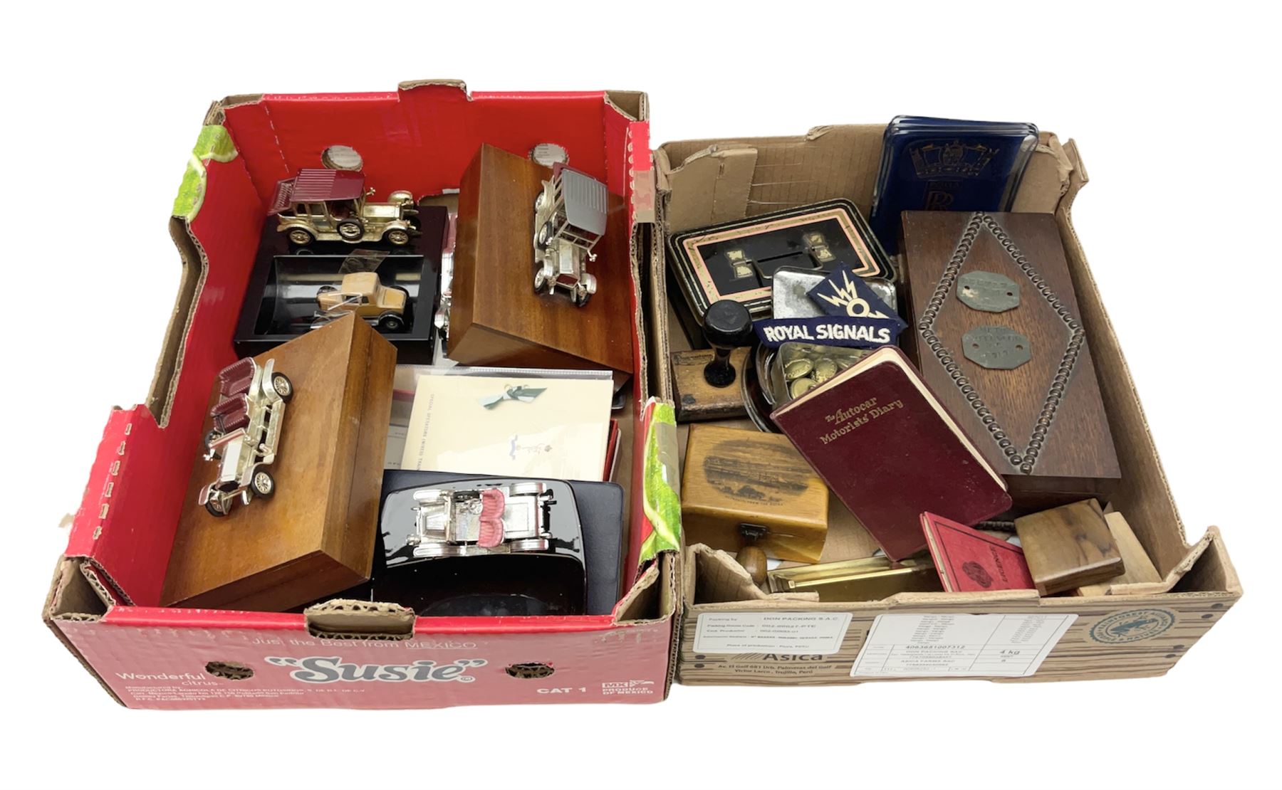 20th century brass perpetual desk calendar of triangular form, together with Mauchlin ware box (a/f), olive wood box, box with beaded decoration, other treen etc, Lesney Model of Yesteryear ashtray limited edition 1911 Renault and another similar, Royal Signals Corps buttons, motor ephemera, other misc 