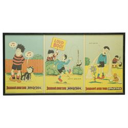 Original Rowntree Mackintosh (Rowntrees) advertising poster for Smarties - 'Somebody's After Your Smarties, colour poster depicting Dennis the Menace from 'The Beano' and Gnasher stealing Softy Walter's Smarties 38cm x 75cm
Provenance: from the personal collection of David Lamb, former advertising manager at Rowntree Mackintosh, York