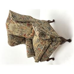 Matched pair early 20th century Queen Anne style wingback armchairs, walnut framed, sprung seats with seat cushions upholstered in needle work cover, shell carved cabriole front feet