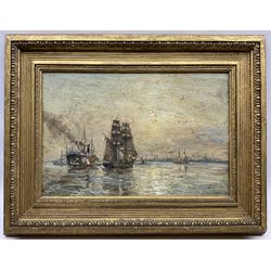 Herbert F Royle (British 1870-1958): Steam and Sail Vessels at Sunset, oil on panel signed 25cm x 37cm