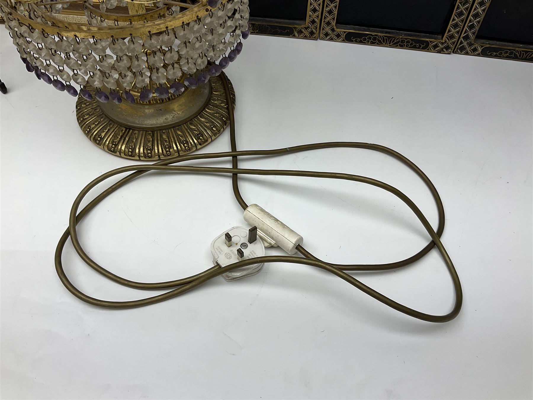 Soapstone table lamp, with carved floral stem, together with three other table lamps, metal candelabra and candlestick, Charles Burton Barber framed print and a Chinese table screen etc 