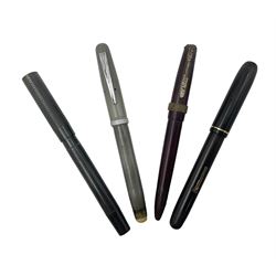 Four fountain pens, three with 14ct gold nibs and one 18ct gold plated