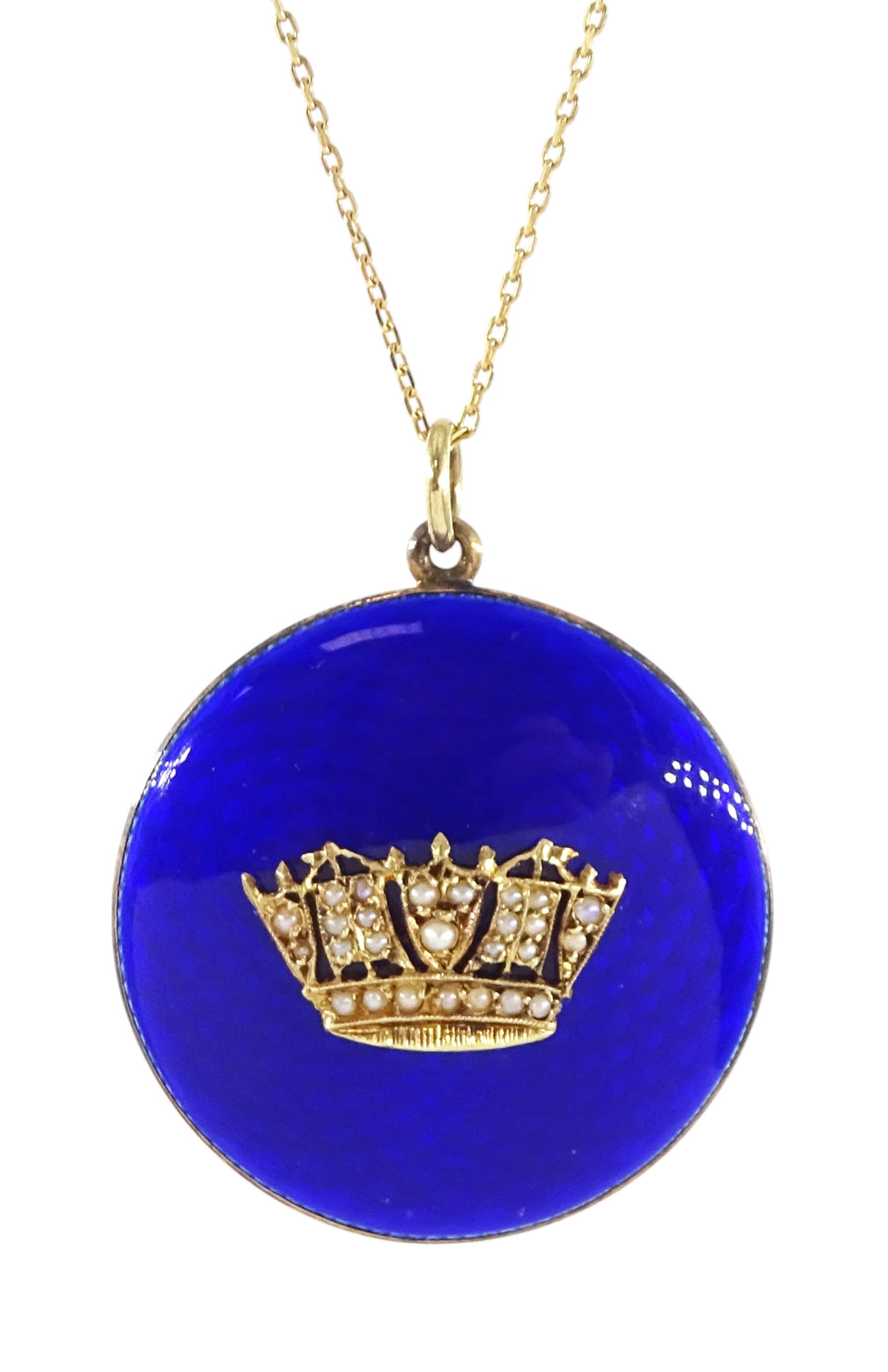 Early 20th century gold blue enamel pendant, with applied seed pearl Navel crown decoration, with glazed back, stamped 9ct, on later 9ct gold chain necklace, stamped 375