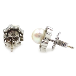  Pair of 18ct white gold pearl and diamond rim set ear-rings stamped 750  