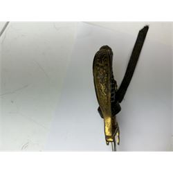 German infantry dress sword, dove head stirrup handle with black wire-bound grip cast cross guard with German eagle set into the langet, the curved 81cm single edge blade with single fuller marked Elckhorn Solingen, L93cm overall