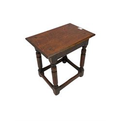 Oak coffin or joint stool, rectangular top with shaped edge over splayed turned supports with stretcher base 