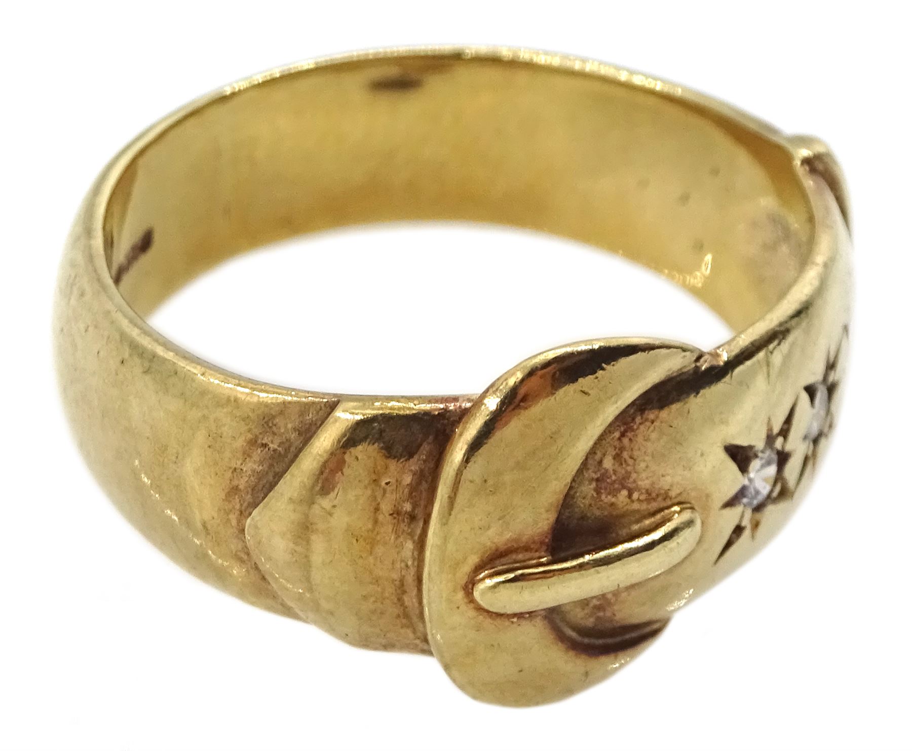 9ct gold gypsy set three stone cubic zirconia buckle ring, hallmarked 