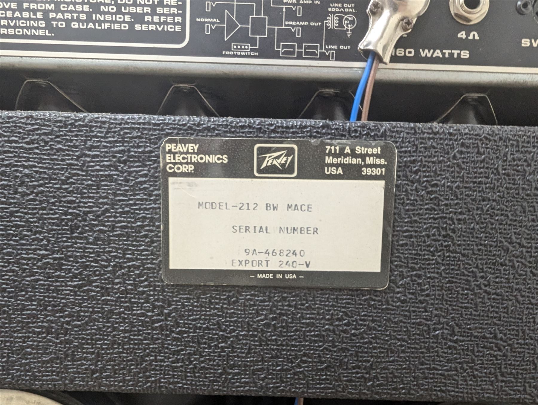 1970s Peavey 2 x 12 BW Mace guitar amplifier, serial no. 9A-468240, with a Peavey four-button Automixer foot pedal, H51cm, W67cm