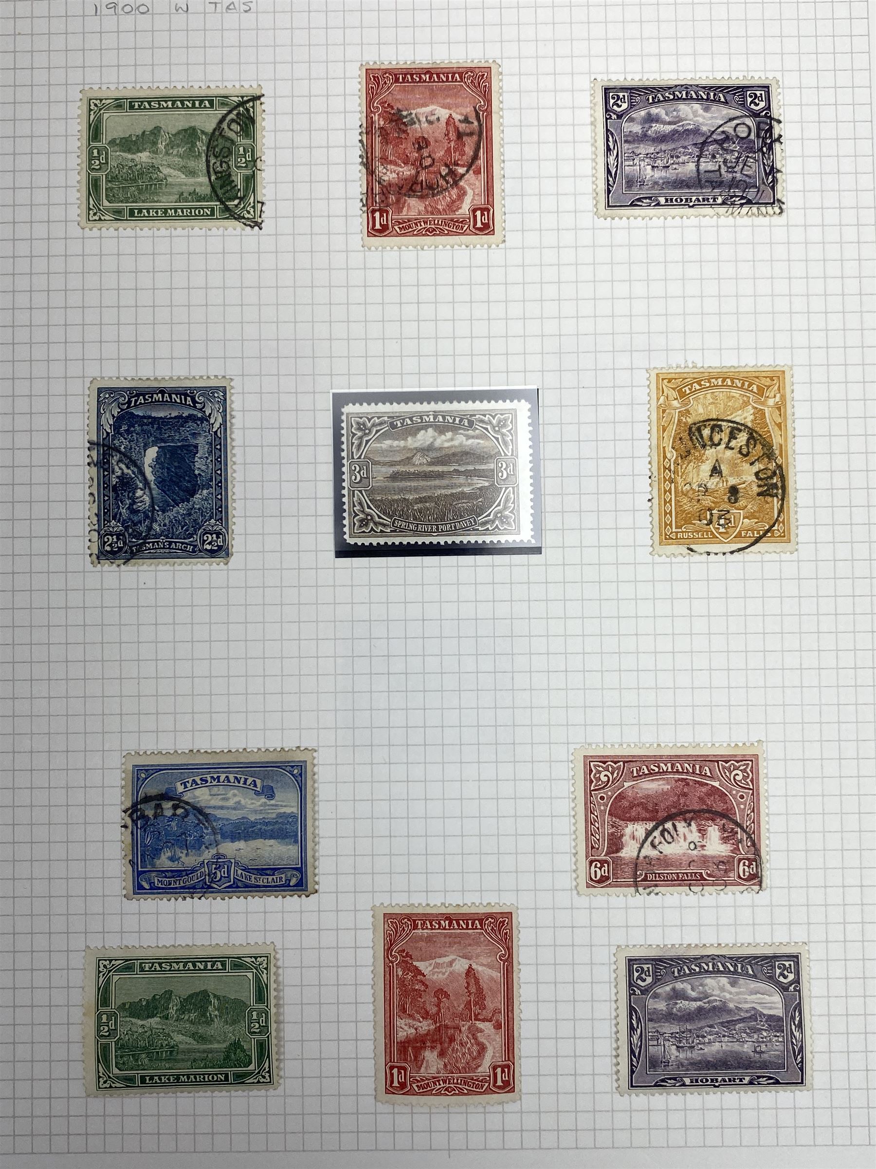 Van Diemen's Land (Tasmania) Queen Victoria and later stamps, including 1853-4 one penny and four penny stamps, 1855 two pence and four pence, 1856 one penny, 1857 various values, 1864-80 various perf issues etc, housed on pages
