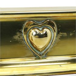 Two Edwardian brass fire curbs, comprising a decorative example with pierced vertical frieze, applied Tulips (H 21cm, W 126cm, D 32cm), together with a hammered moulded example with acanthus corners (H 12cm, W 138cm, D 37cm)