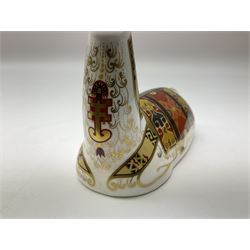 Four Royal Crown Derby paperweights, Llama, with gold stopper, Snake, with gold stopper, Honeybear, with silver stopper and Striped Dolphin, with gold stopper and box, all with printed mark beneath 