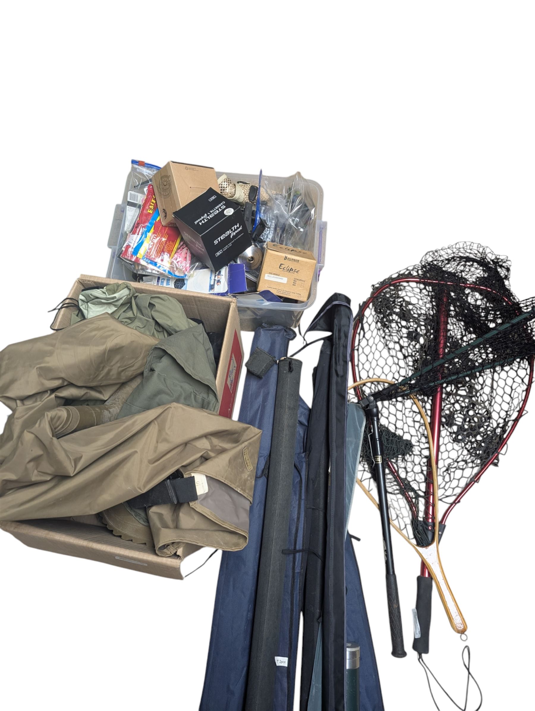 Collection of fly fishing equipment and similar, including Pflueger Summit 5 Fly Rod, Stimulator ST8605 Fly Rod, Power Plus Tiger Edition, Snowbee net and two others, Snowbee waders size 10, Abu Garcia 276Ui reel, Predator fly reel, Stealth Cassette 1 Fly Reel, etc 