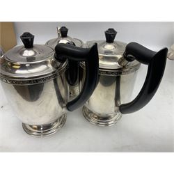 Viners of Sheffield silver-plate tea/coffee wares, the rims decorated with bands of flowers, and chased oval tray with swag decorated gallery, L39cm