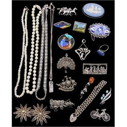 Collection of silver jewellery including butterfly wing brooch and pendant by Thomas L Mott, Art Nouveau pearl and paste pendant, marcasite, opal and amber brooches, lapis lazuli ring, pearl necklace etc and a rice pearl necklace with 9ct gold clasp 