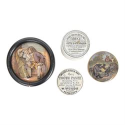  Collection of 19th century and later ointment jars, pots and lids, including Burgess's Anchovy paste, Woods Areca Toothpaste, Boots Cold Cream and framed Prattware pot lids