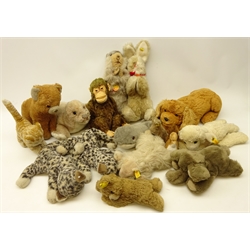  Collection of Steiff soft toys including 'Jocko' Chimpanzee jointed figure, L31cm, 'Molly Piff', Seal, Cat, Sheep and others (16)  
