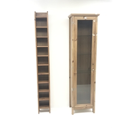  Pine display cabinet, single door enclosing four shelves, stile supports (W52cm, H191cm, D36cm) and a pine CD rack (W25cm, H198cm, D18cm) (2)  