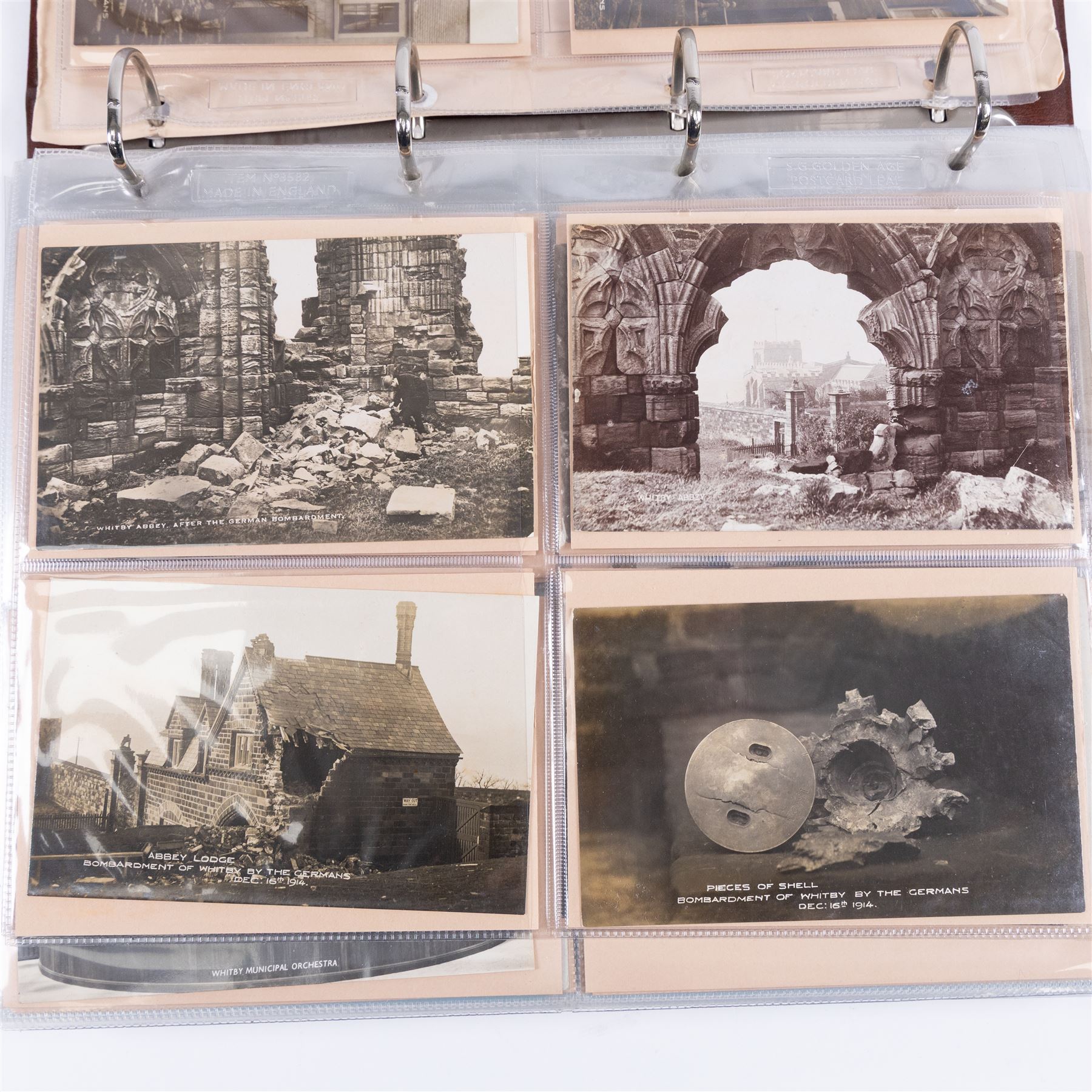 One-hundred and seventy two early 20th century Whitby view postcards, including a detailed collection documenting the destruction of Whitby following the bombardment by the German Fleet in 1914, a selection depicting the construction of the pier extensions, the opening of the new river drawbridge, a re-enactment of the medieval tradition of building the 'Penny Hedge' and the 1932 flooding of the town centre, together with a selection depicting social events at Spa, all housed within a Stanley Gibbons Picture Postcard Album