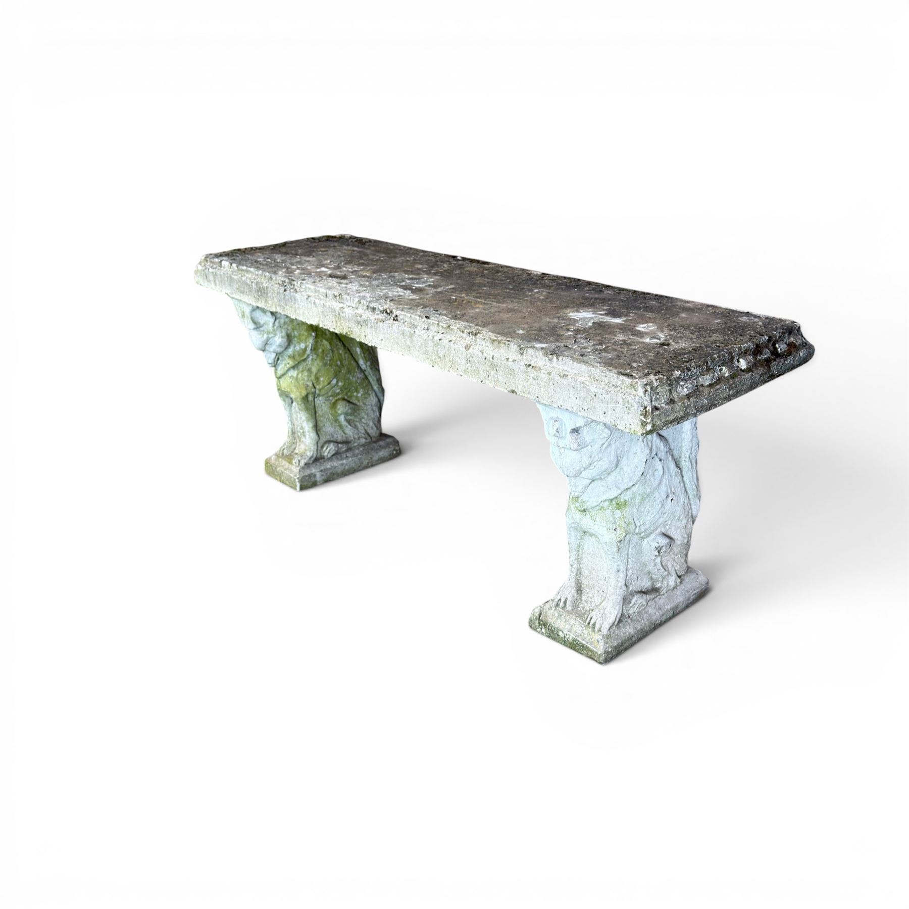 Weathered cast stone three piece garden bench, slab top raised on mythical creature supports