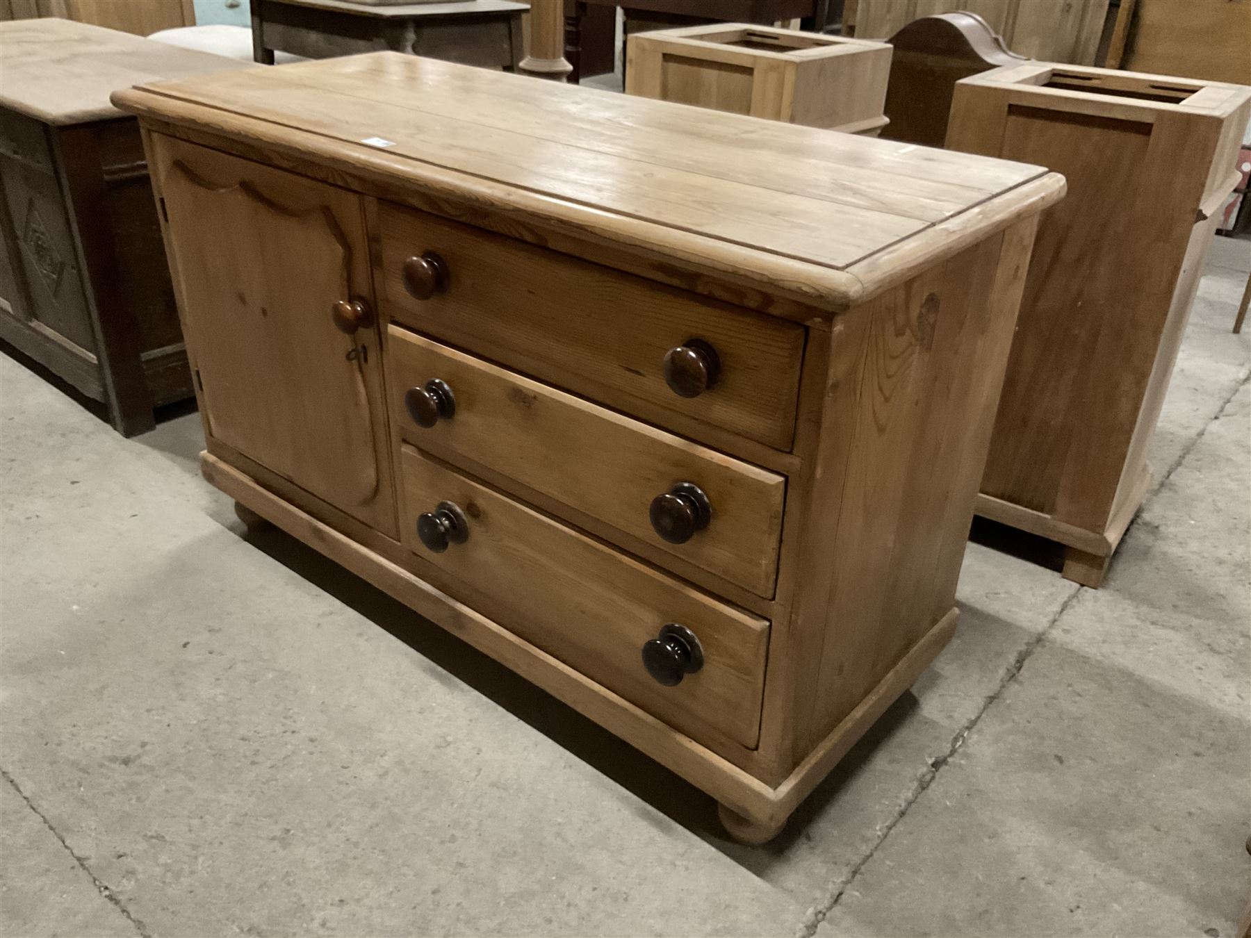 Victorian pine dresser, fitted with single cupboard door with shield shaped panel and three drawers, on bun feet - THIS LOT IS TO BE COLLECTED BY APPOINTMENT FROM THE OLD BUFFER DEPOT, MELBOURNE PLACE, SOWERBY, THIRSK, YO7 1QY