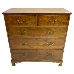 George III oak straight-front chest, fitted with two short over three long graduating drawers, lower moulded edge over shaped bracket feet