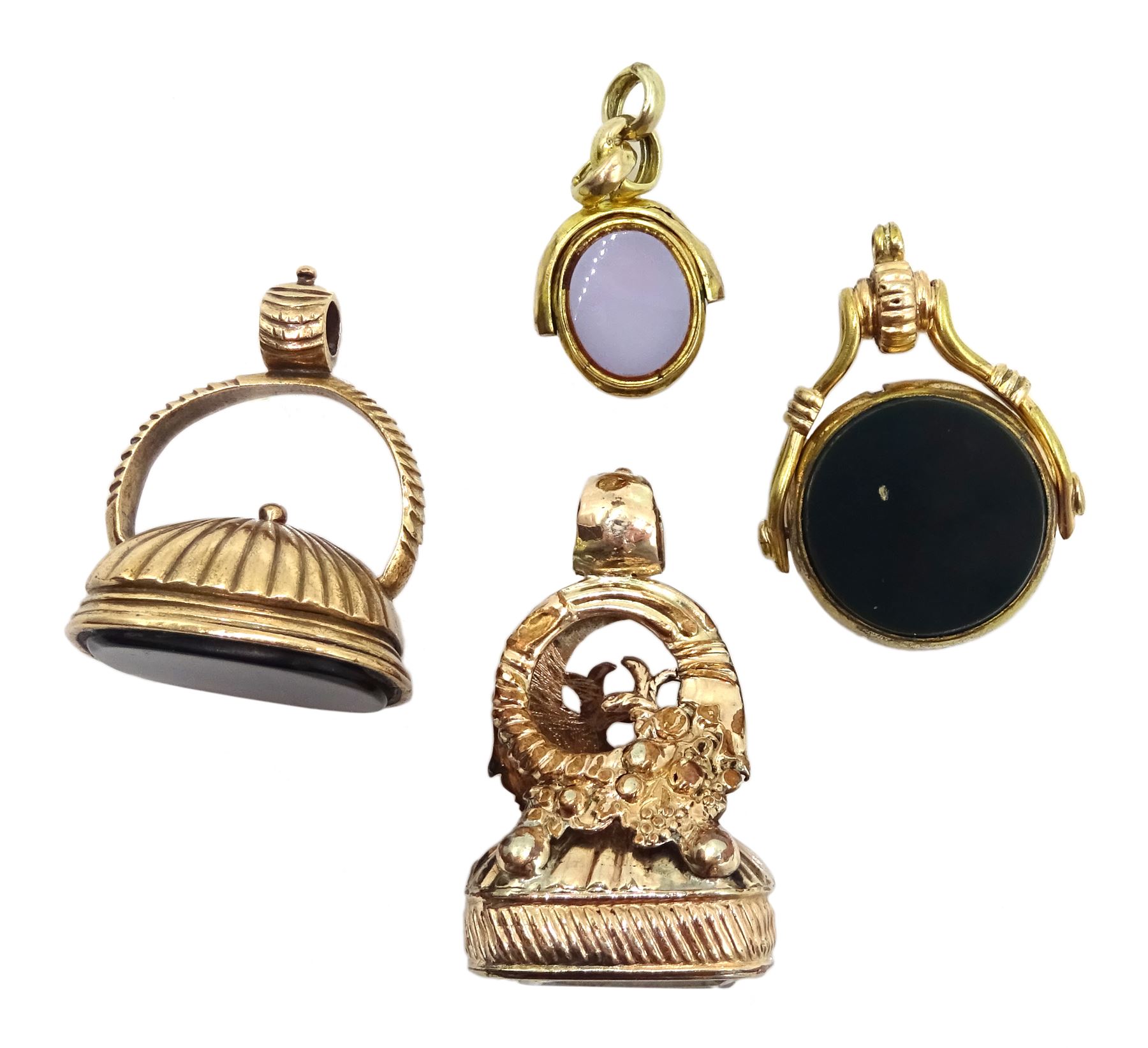 Victorian gilt crystal seal fob, engraved with initials HP, one other jet fob, gilt bloodstone swivel fob and and one other agate and bloodstone (4) 