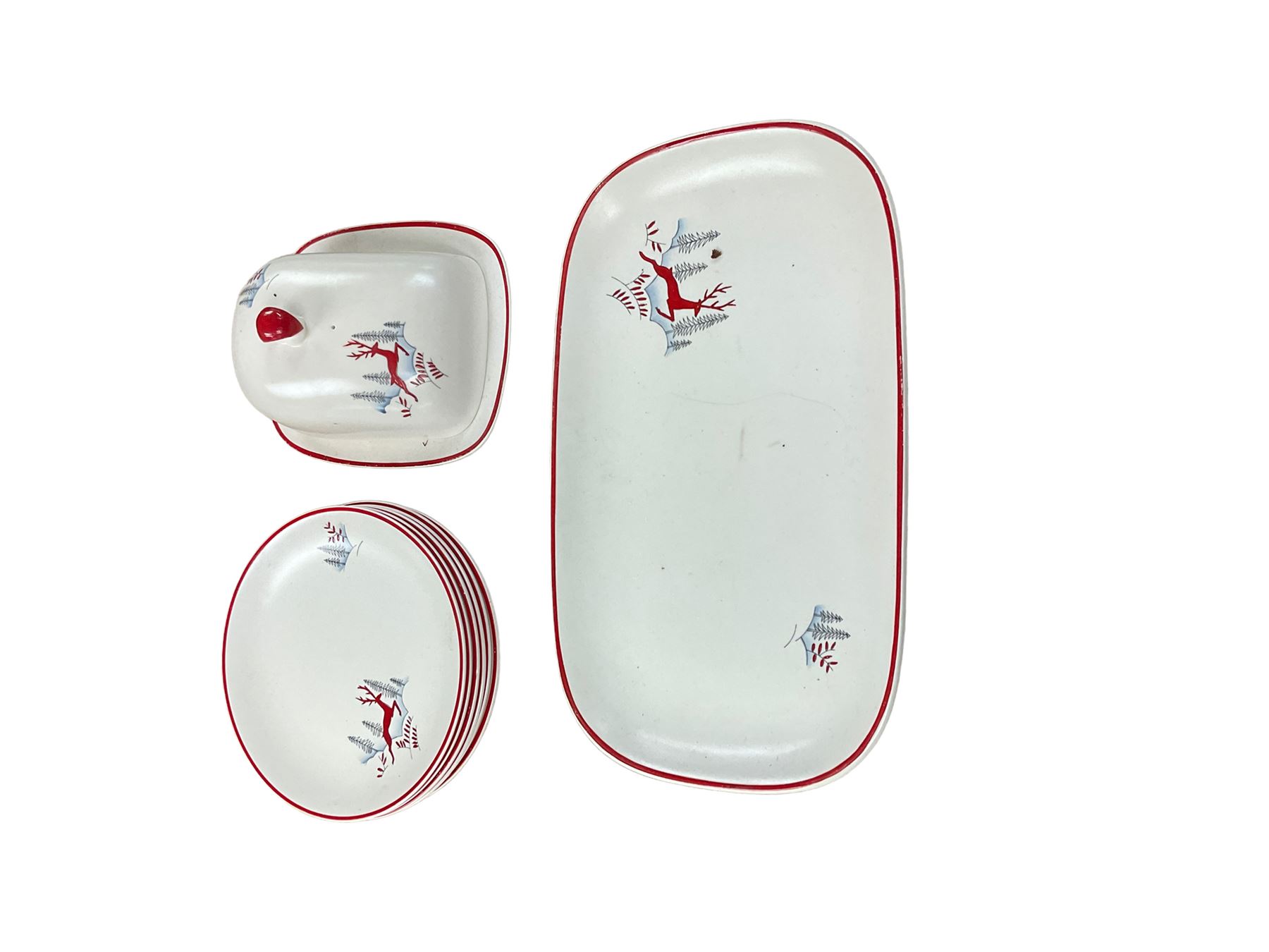 Crown Devon Stockholm pattern tea wares, comprising cake plate, butter dish and cover and six dessert plates 