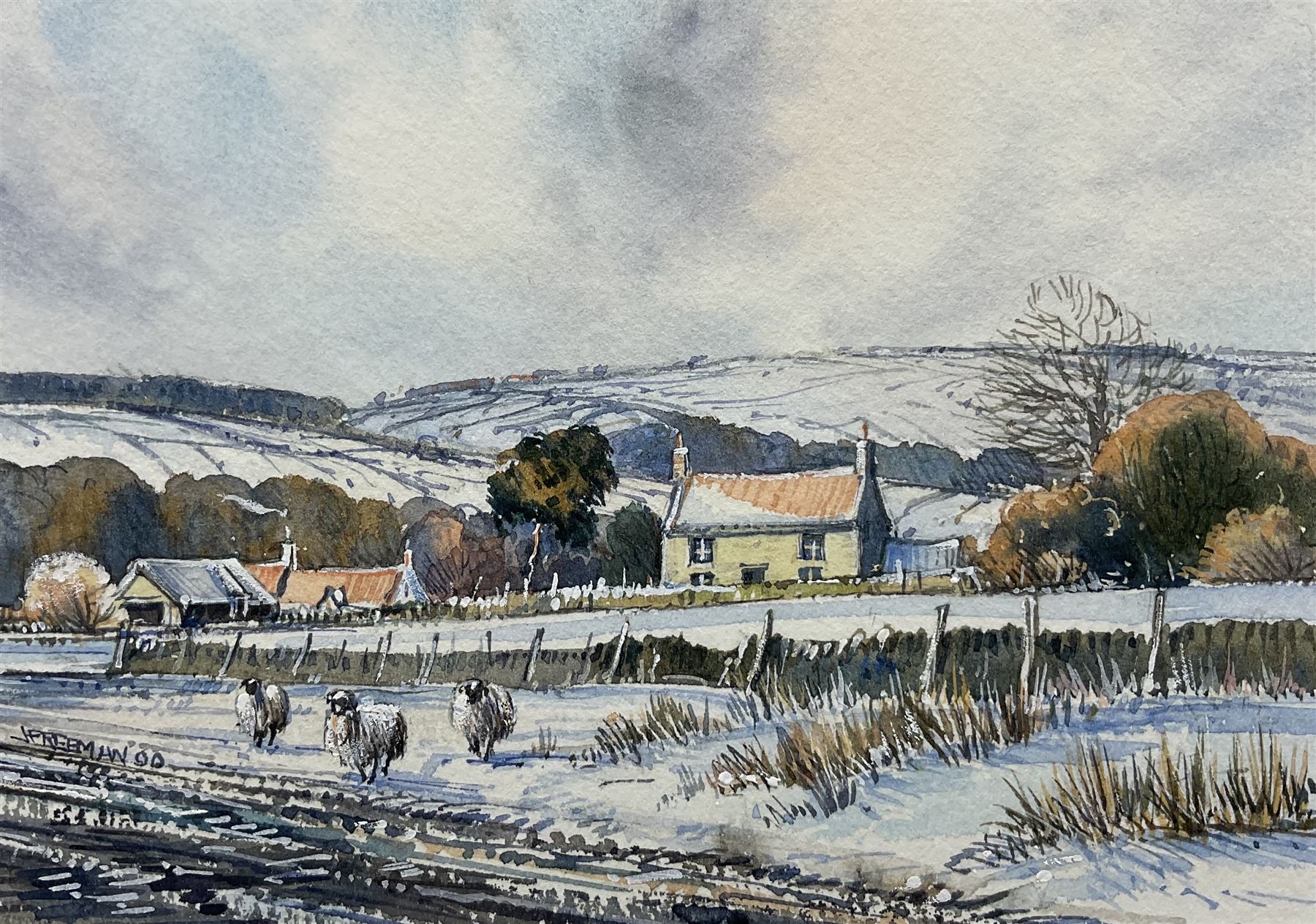 John Freeman (British 1942-): Snow on the Moors, watercolour and ink signed and dated '00, 10cm x 15cm; together with 'Endeavour at Dawn' off Whitby, limited edition print signed and numbered 65/250 in pencil 23cm x 49cm (2)