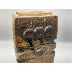 Studio pottery table lamp of slab built and moulded form with applied floral and abstract motifs, H33cm