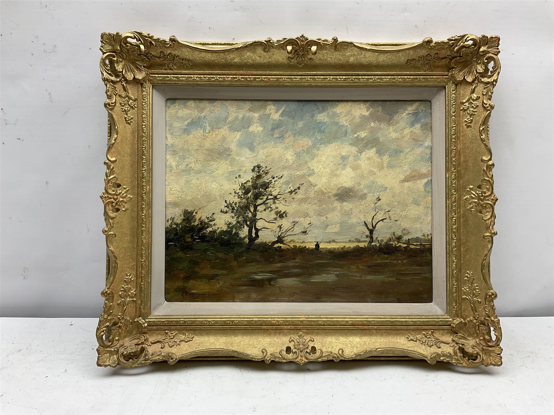 Henri Joseph Harpignies (French 1819-1916): 'Le Pecheur', oil on mahogany panel signed 26cm x 34cm
Provenance: East Yorkshire private collection; with Thomas Agnew & Sons, Old Bond Street, labelled verso No.25450 

