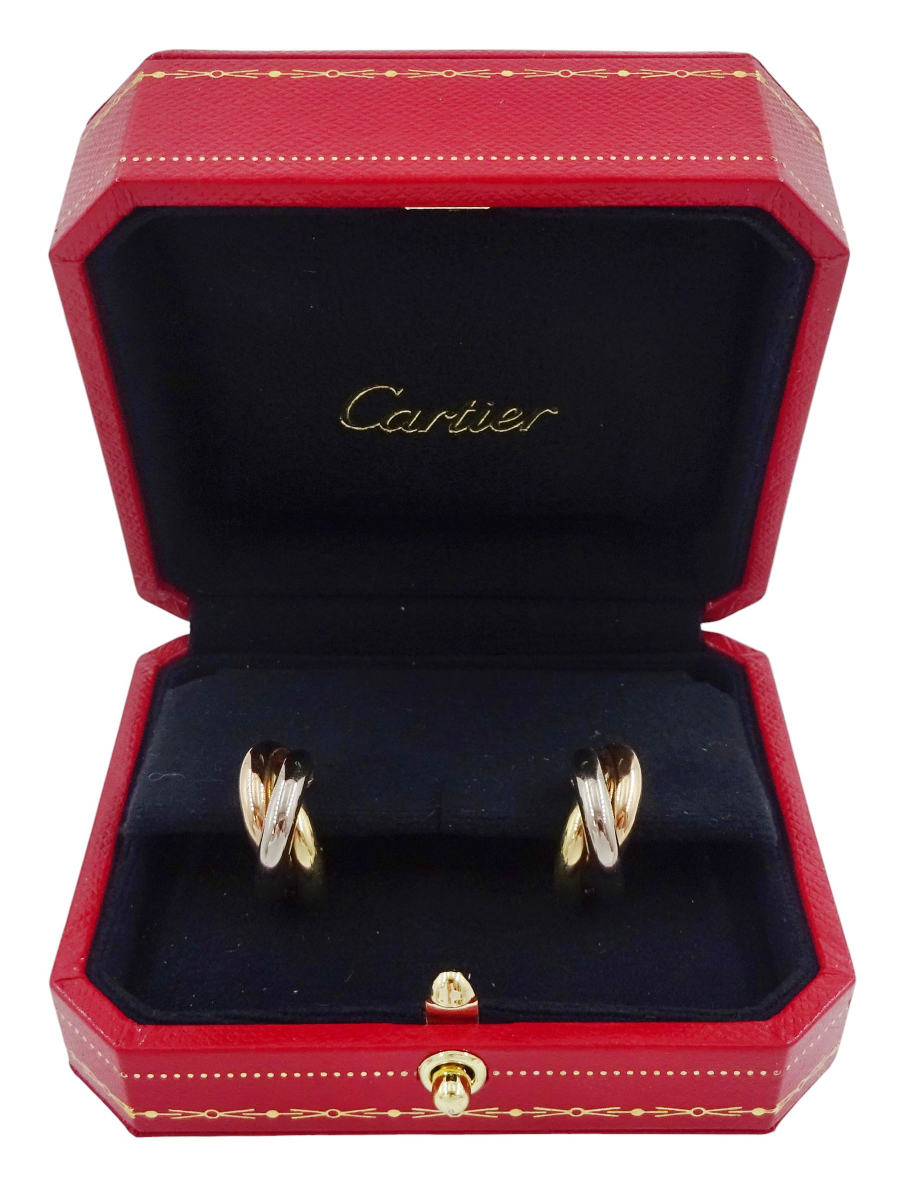 Cartier Trinity gold hoop earrings, each stud with 18ct rose, white and yellow gold intertwined rings, boxed with certificate 