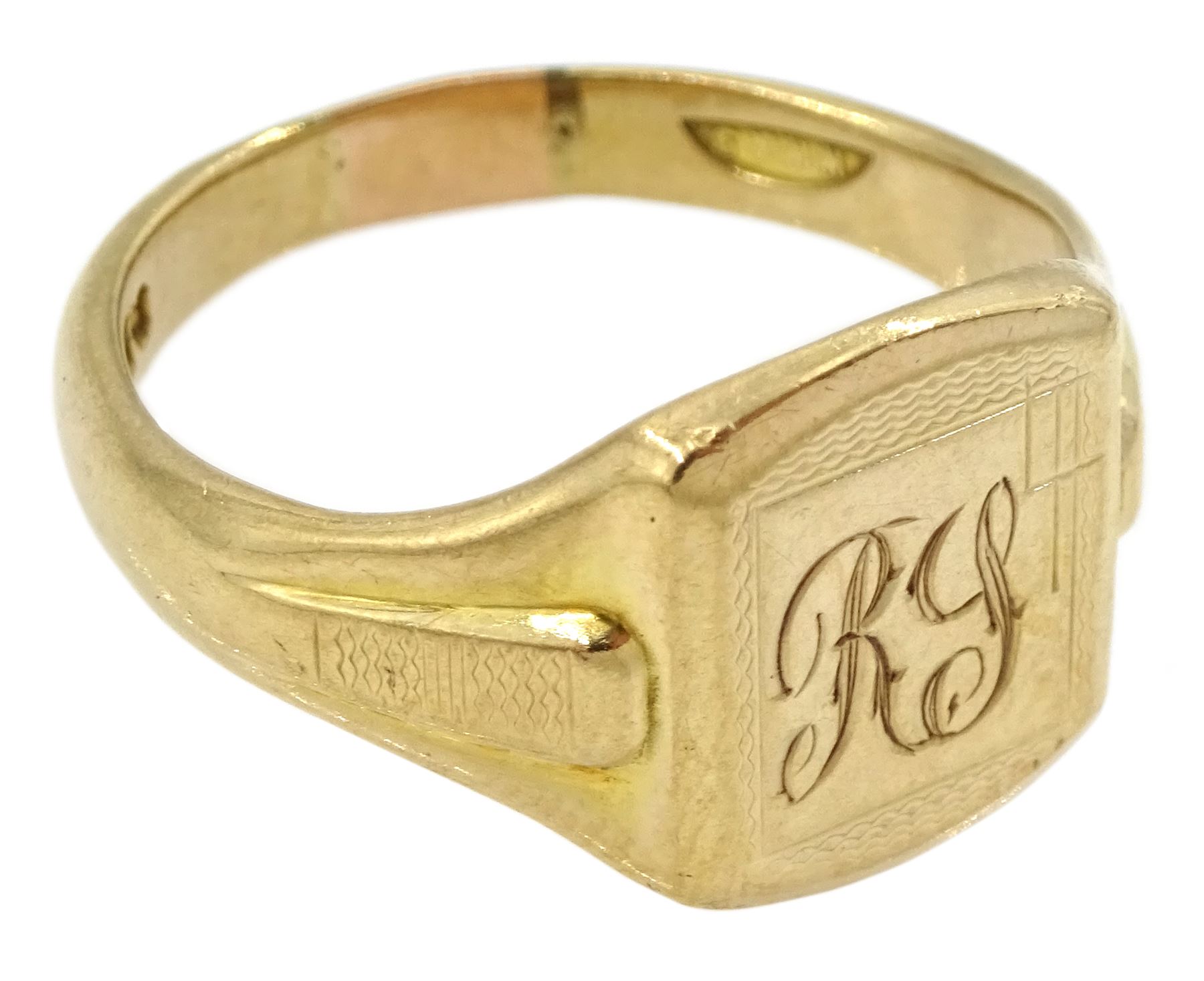 9ct gold signet ring with engraved R S initials, hallmarked