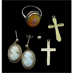 Gold cameo ring, pair of gold cameo stud earrings two gold crosses and a pair of gold stud earrings, all 9ct hallmarked or tested