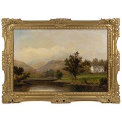 English School (19th Century): Cottage and River Landscape, oil on canvas indistinctly signed, also titled 'on the -' indistinctly verso in large gilt frame 60cm x 90cm