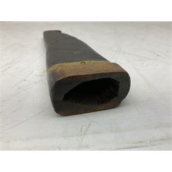 19th century Singhalese knife pia kaetta, the 20cm steel blade inset with yellow and white metal, with metal mounted carved pistol grip, in plain wooden scabbard L33cm overall