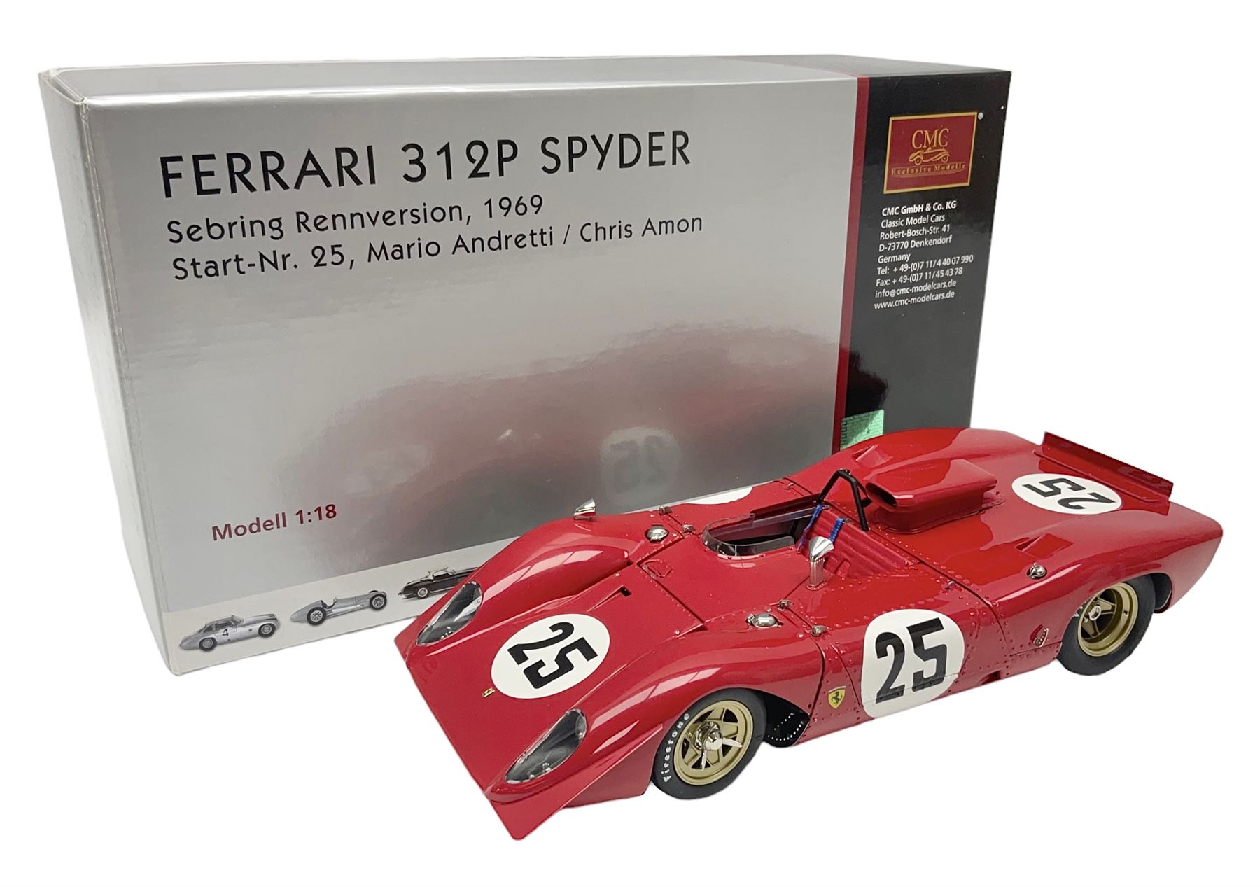 CMC 1:18 Scale Model of a Ferrari 312P Spyder 'Sebring Rennversion, 1969, Start-Nr. 25, Mario Andretti / Chris Amon'; manufactured by CMC Exclusive Modelle; No. M-095. Serie Nr. 1365 with certificate. Fully constructed and out of box with original box, accessories, packaging and paperwork.