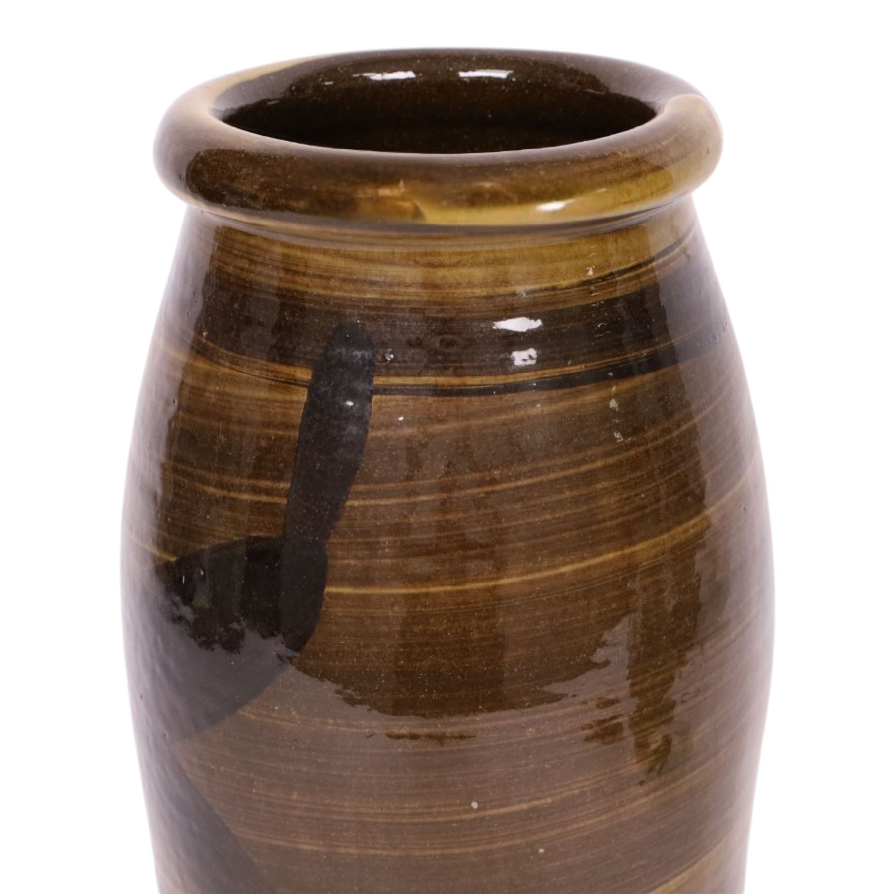 Studio pottery vase by Menston Art Pottery, decorated with brown and green slipware design, H39cm