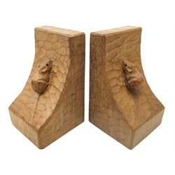  'Mouseman' pair adzed oak bookends by Robert Thompson of Kilburn, H15.cm  