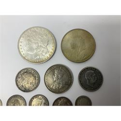 King George V British West Africa 1916 two shillings coin, King George VI Australia 1943 shilling, United States of America 1887 Morgan dollar, Bahrain 1968 500 fils silver coin, Maria Theresa restrike thaler and other coinage 