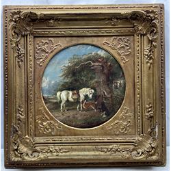 Circle of James Ward RA (British 1769-1859): Pony and Dogs at the Cottage Stile, circular oil on canvas unsigned 30cm diameter