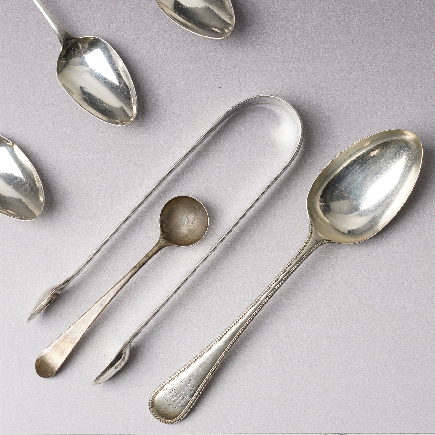 Pair of George III silver sauce ladles London 1799 Maker Richard Crossley, six various George III and Victoria silver dessert spoons, assorted tea spoons etc