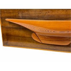 Ship builders half block pitch pine hull model upon mahogany backboard, bearing plaque 'Troll 1905', L103.5cm H35cm