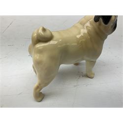 Three Beswick models comprising Hereford Bull no 949, 'CH Cutmil Cupie' Pug, and bay Shire horse, all with printed marks beneath