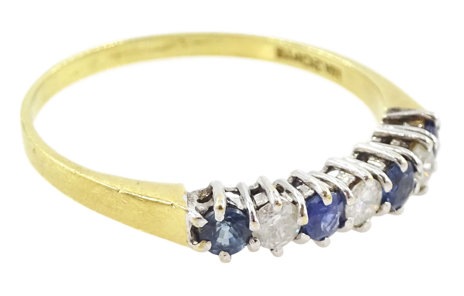 18ct gold seven stone round brilliant cut diamond and sapphire ring, hallmarked, total diamond weight 0.20 carat